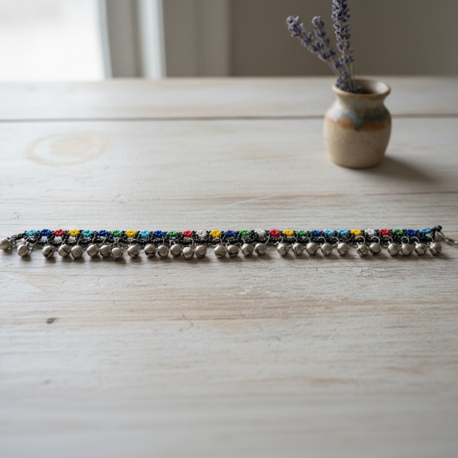 Afghan Kuchi Trible Bell Anklets Featuring Multicolored Beads and Metal Bells