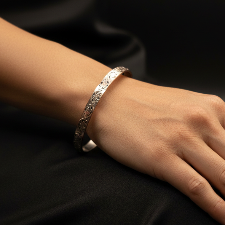 Silver Plated Bangle Bracelet with Etched Design