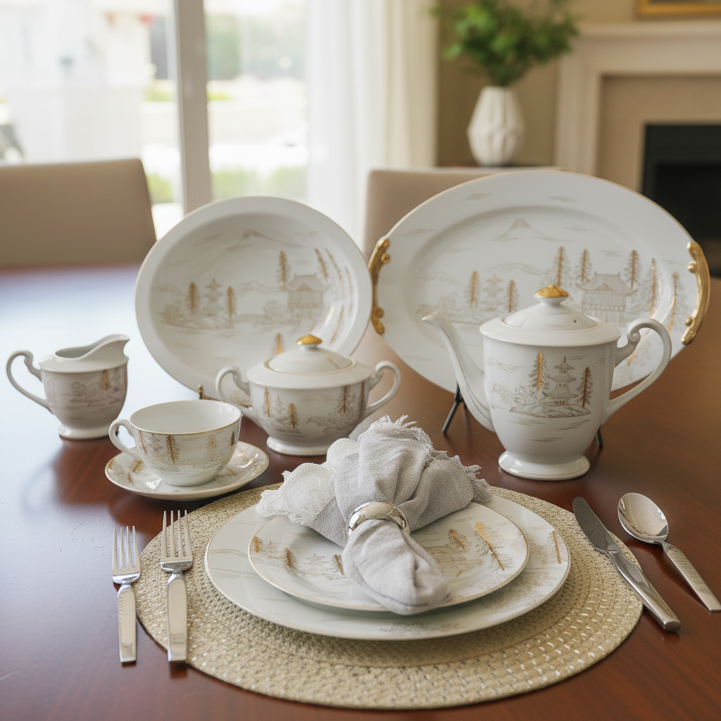 Rare Enchanting Kutani White China Mountain Forest Scenic Designs with Gold Tone Embellishments Whole Set