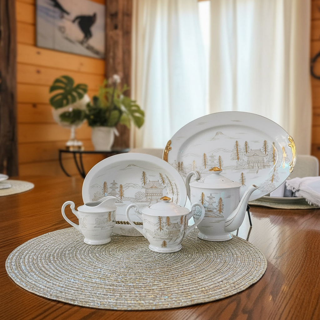 Rare Enchanting Kutani White China Mountain Forest Scenic Designs with Gold Tone Embellishments Whole Set