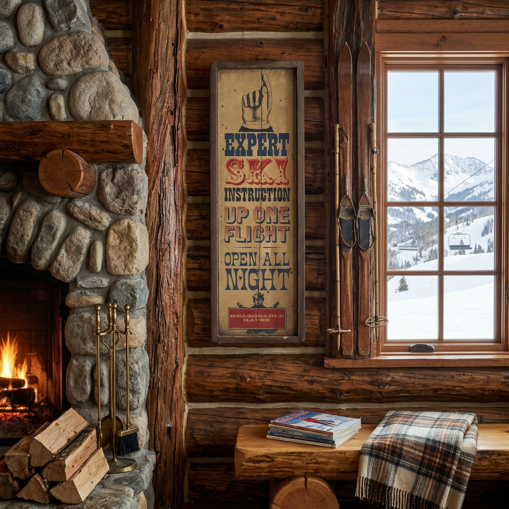 Vintage Handcrafted Wooden Sign Stars & Stripes with Expert Ski Instruction Up One Flight Open All Night