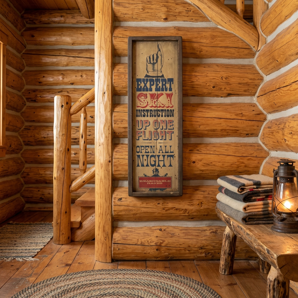 Vintage Handcrafted Wooden Sign Stars & Stripes with Expert Ski Instruction Up One Flight Open All Night