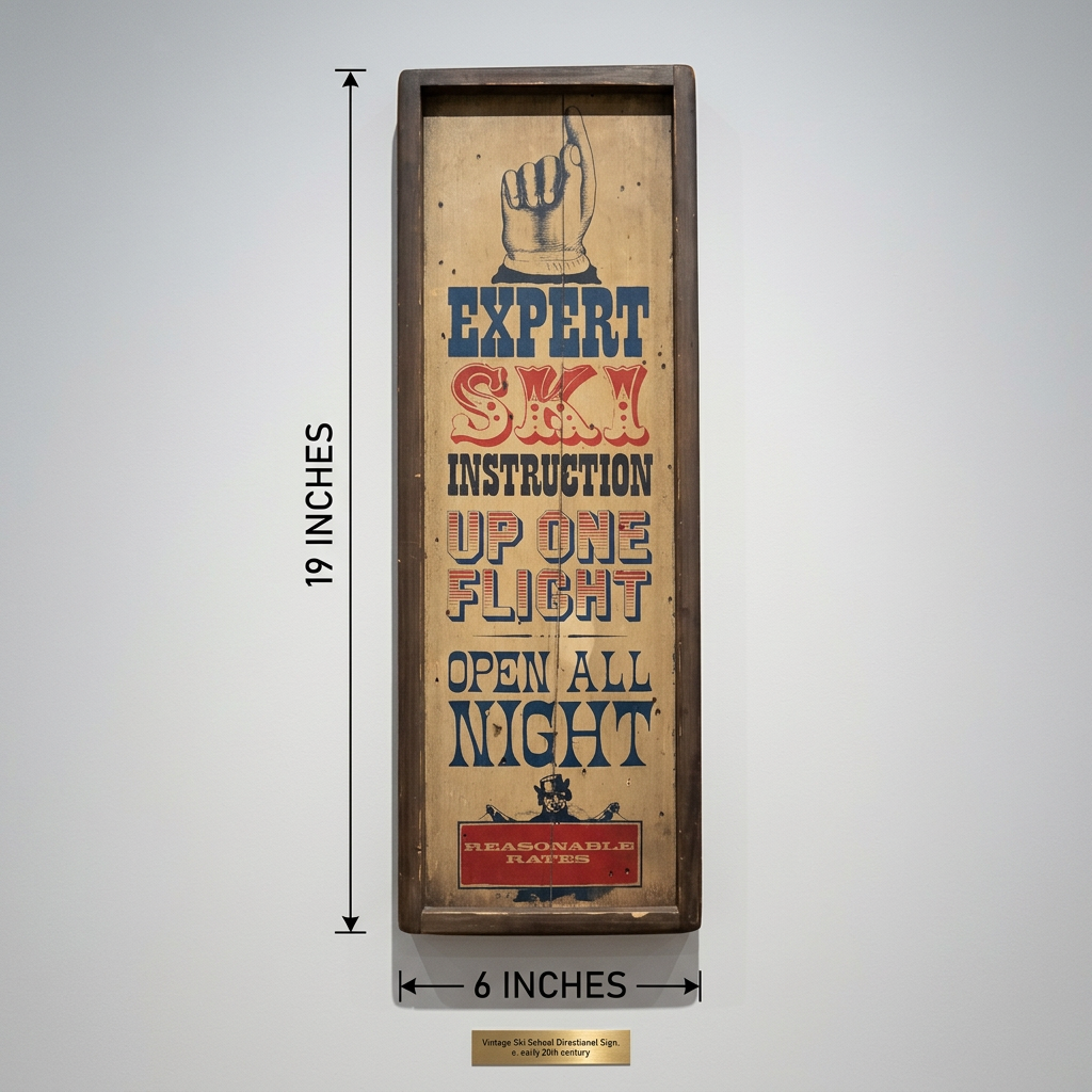 Vintage Handcrafted Wooden Sign Stars & Stripes with Expert Ski Instruction Up One Flight Open All Night