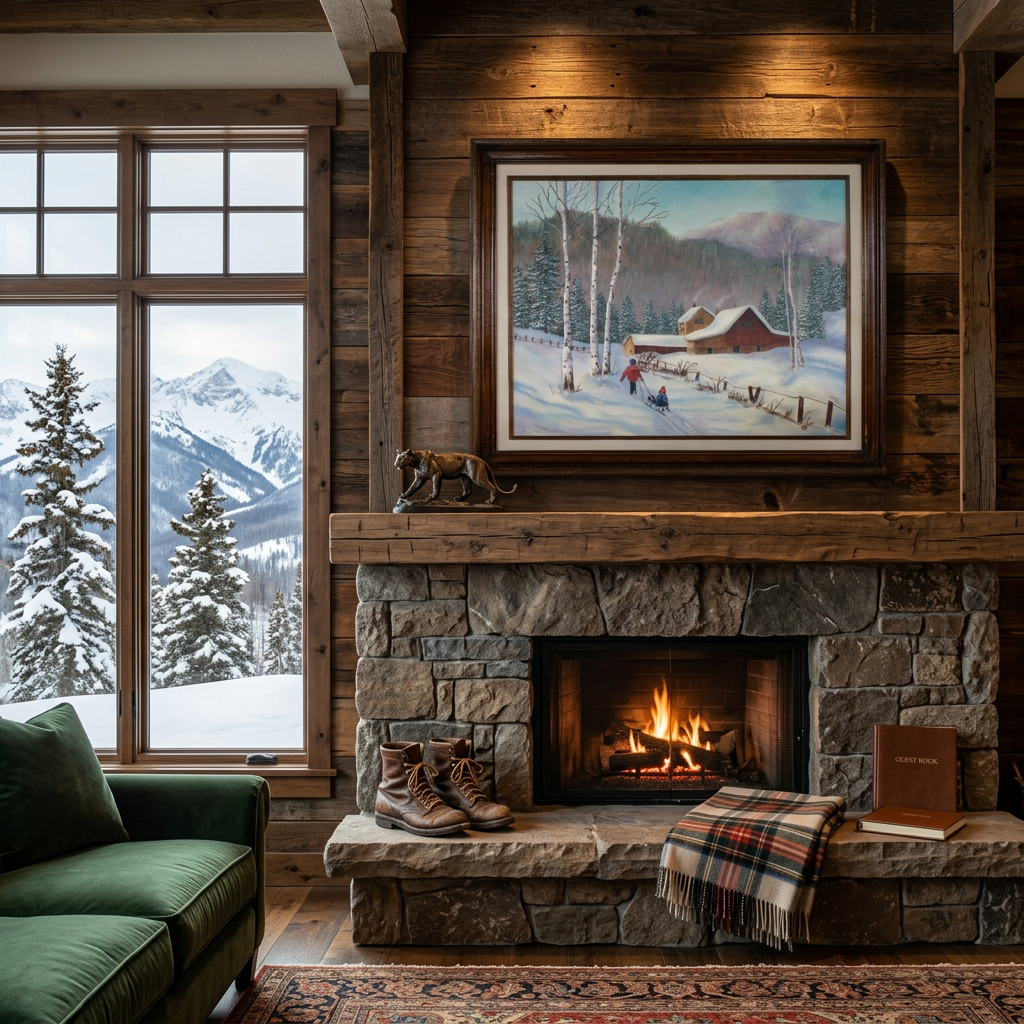 Signed Winter Cabin Landscape Framed Artwork by Angela S 21x25 Rustic Wall Art