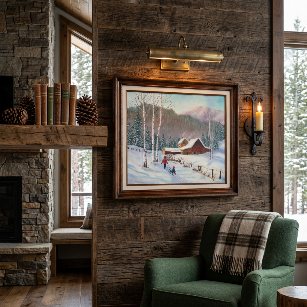 framed signed winter landscape artwork featuring snowy mountain cabin birch trees and family pulling sled through snow by artist Angela S