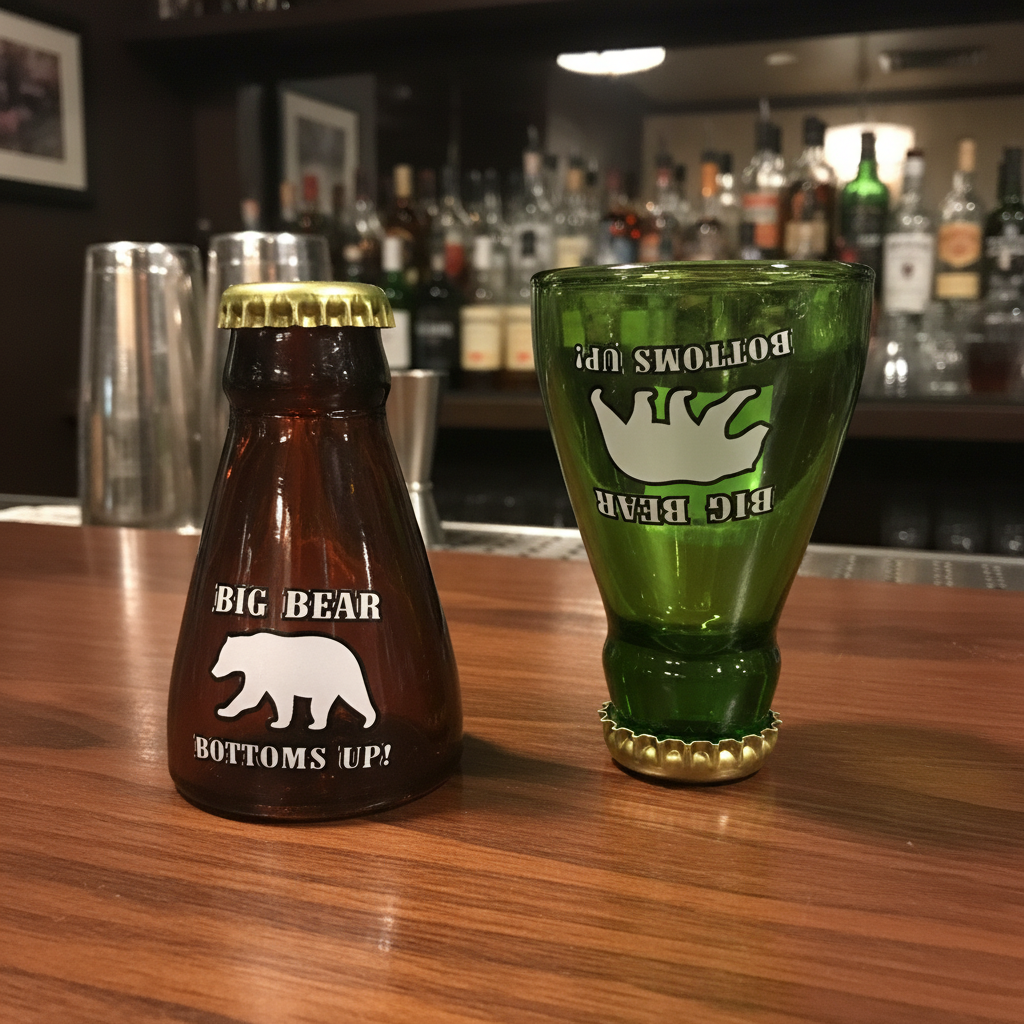 Big Bear Bottle Top with Cap Shot Glass "Bottoms Up"