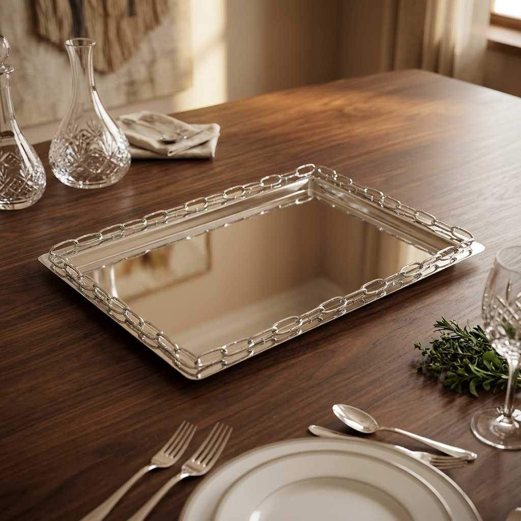 Stainless Steel Tray Classic Serving Tray with Chain Link Border