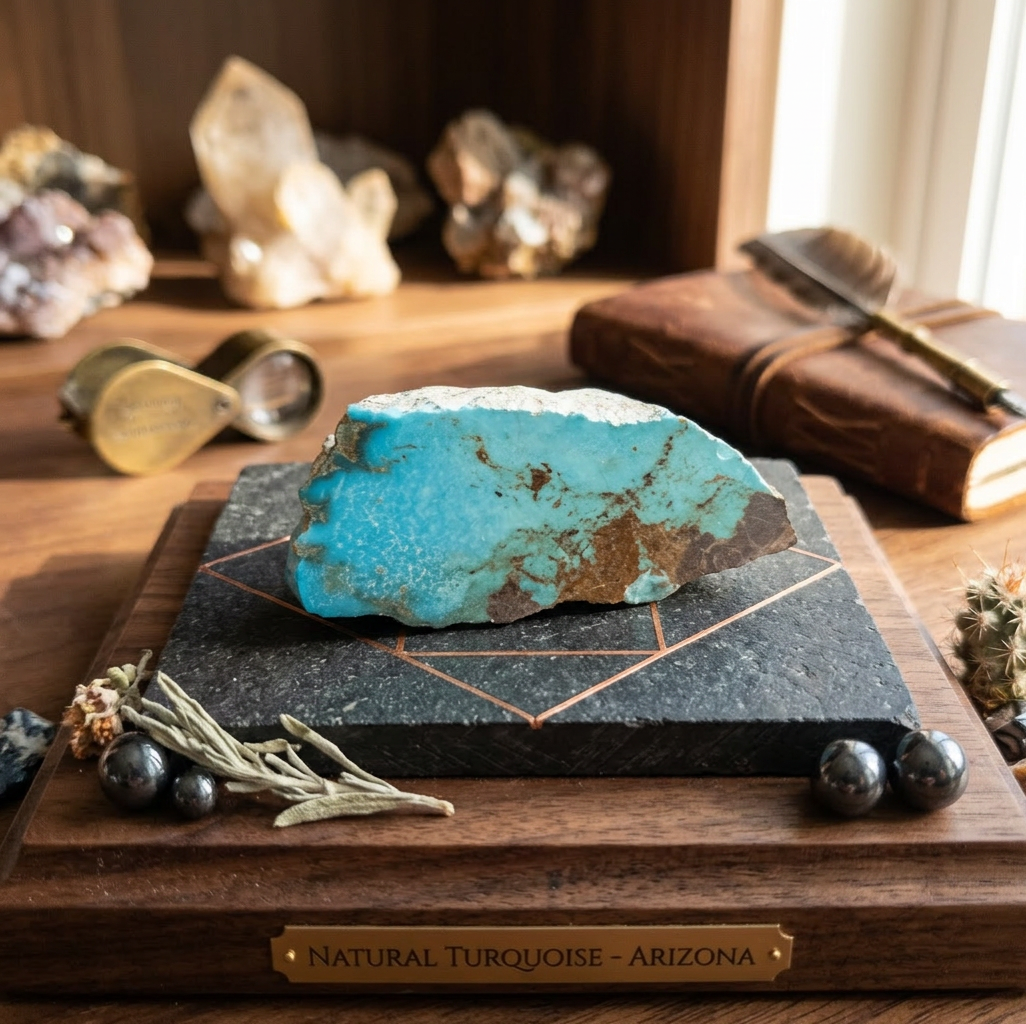 Turquoise stone on a decorative stand with a wooden base, surrounded by other stones and a book.