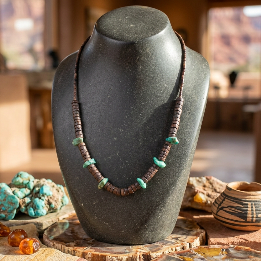 Vintage Navajo Native American Santa Rita Turquoise Necklace with Wooden Beads