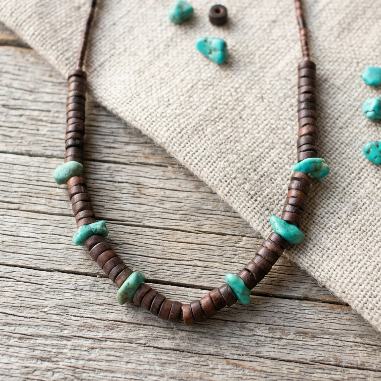 Vintage Navajo Native American Santa Rita Turquoise Necklace with Wooden Beads
