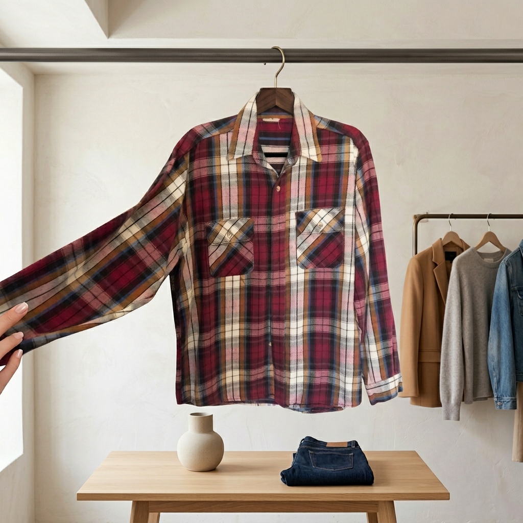 Burgundy, Blue, Brown & White Button-Up Flannel – Long Sleeve, Size Large