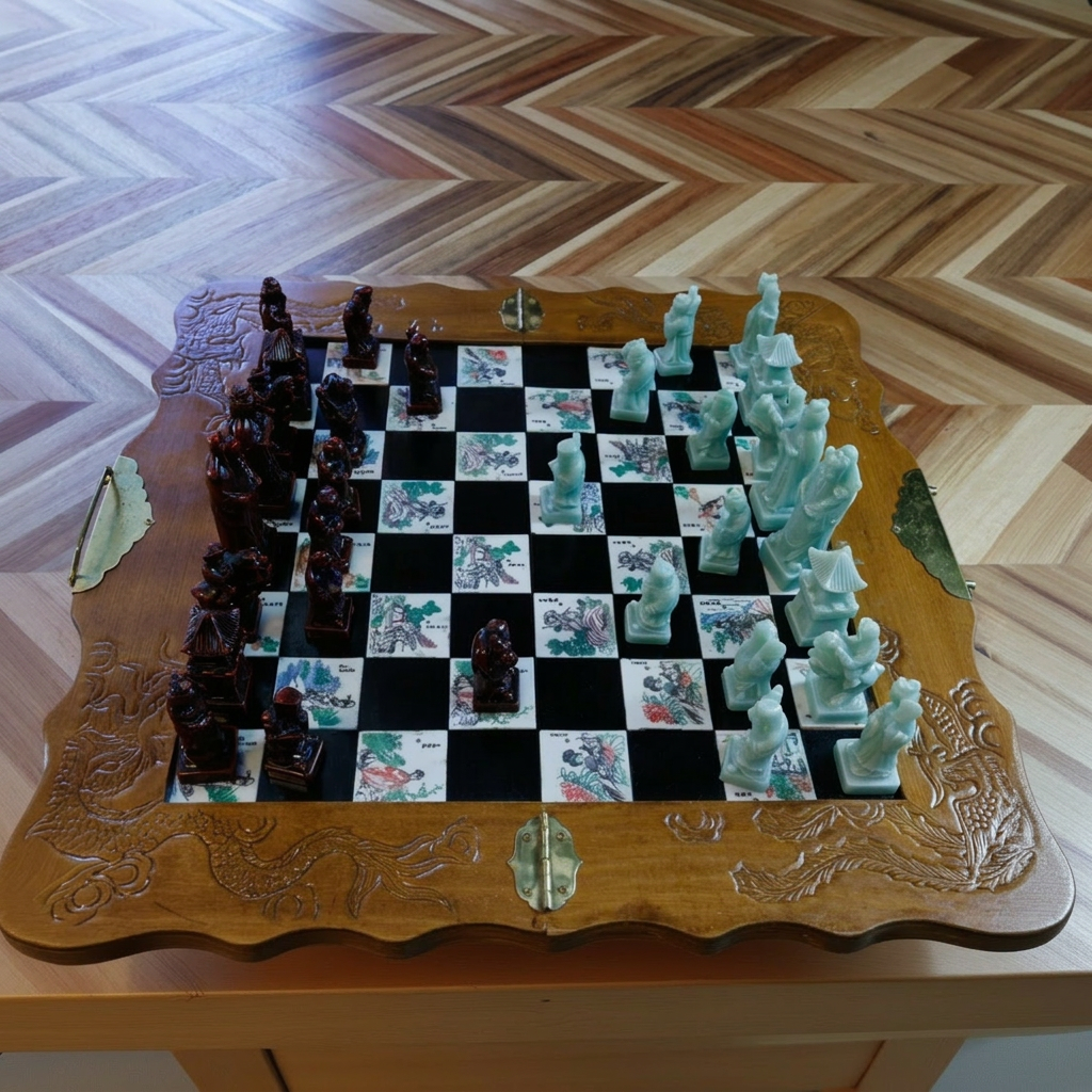 Antique Asian Emperor’s Court Chess Set Foldable Board with Drawers for the Carved Jade & Mahogany Pieces