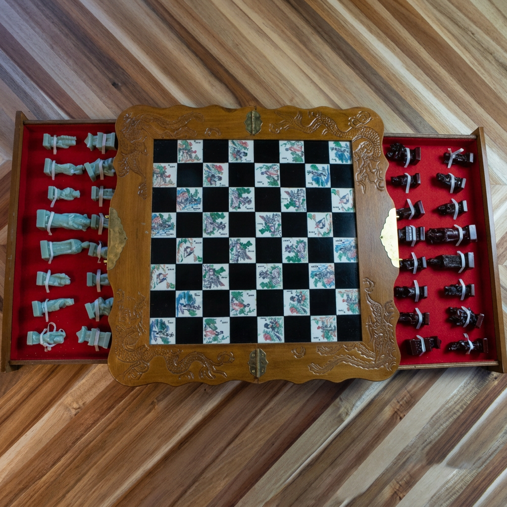 Antique Asian Emperor’s Court Chess Set Foldable Board with Drawers for the Carved Jade & Mahogany Pieces