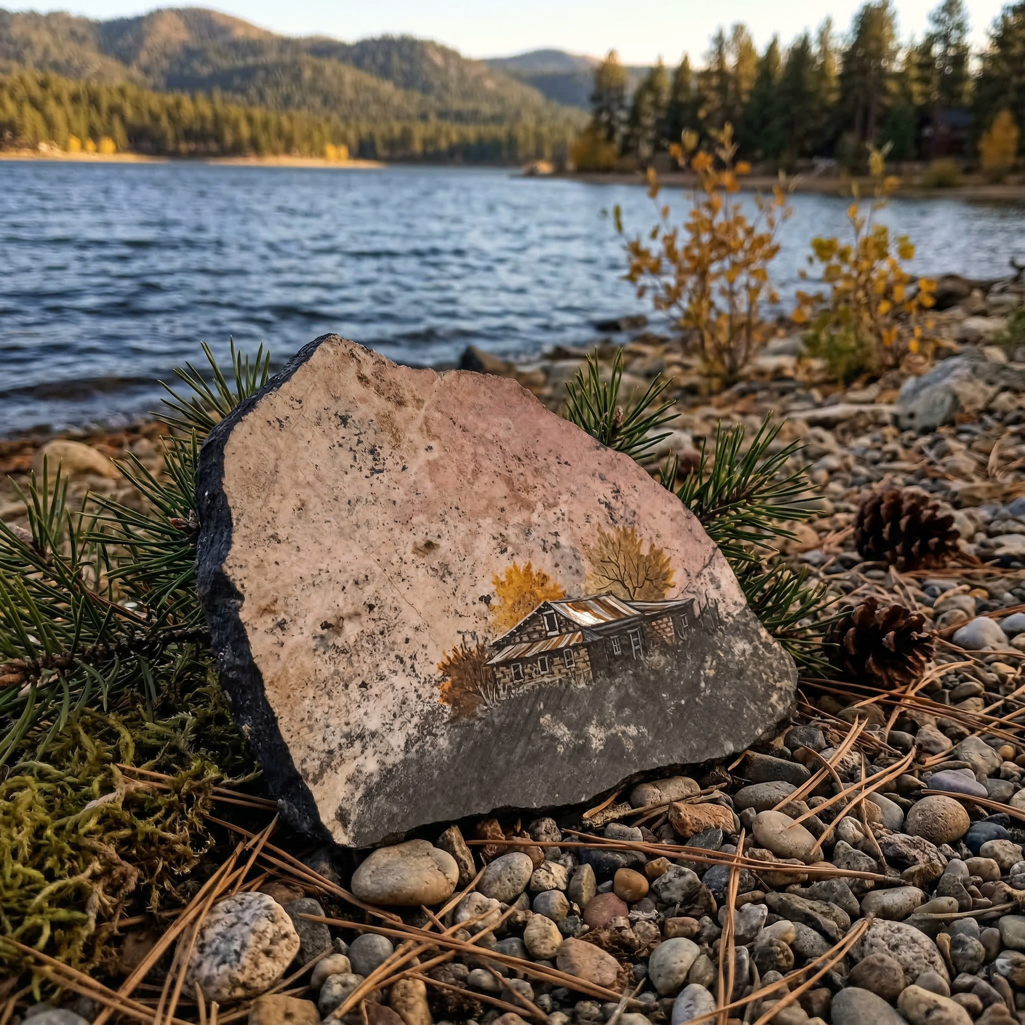 Hand-Painted Cabin Scene on a Rhodonite Slab