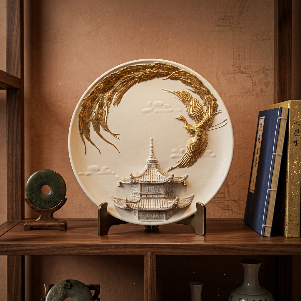 White Display Plate with Gold Accents of a Phoenix