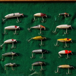 Collection of Fishing Lures Displayed in a Classic Wooden Case