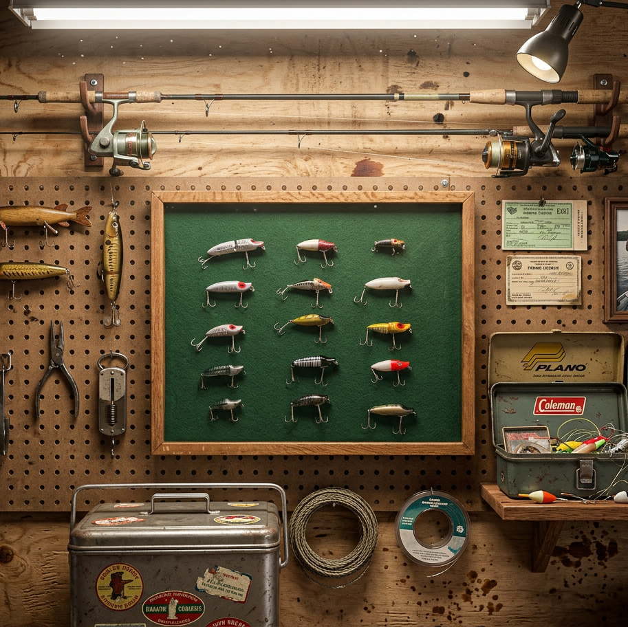 Collection of Fishing Lures Displayed in a Classic Wooden Case