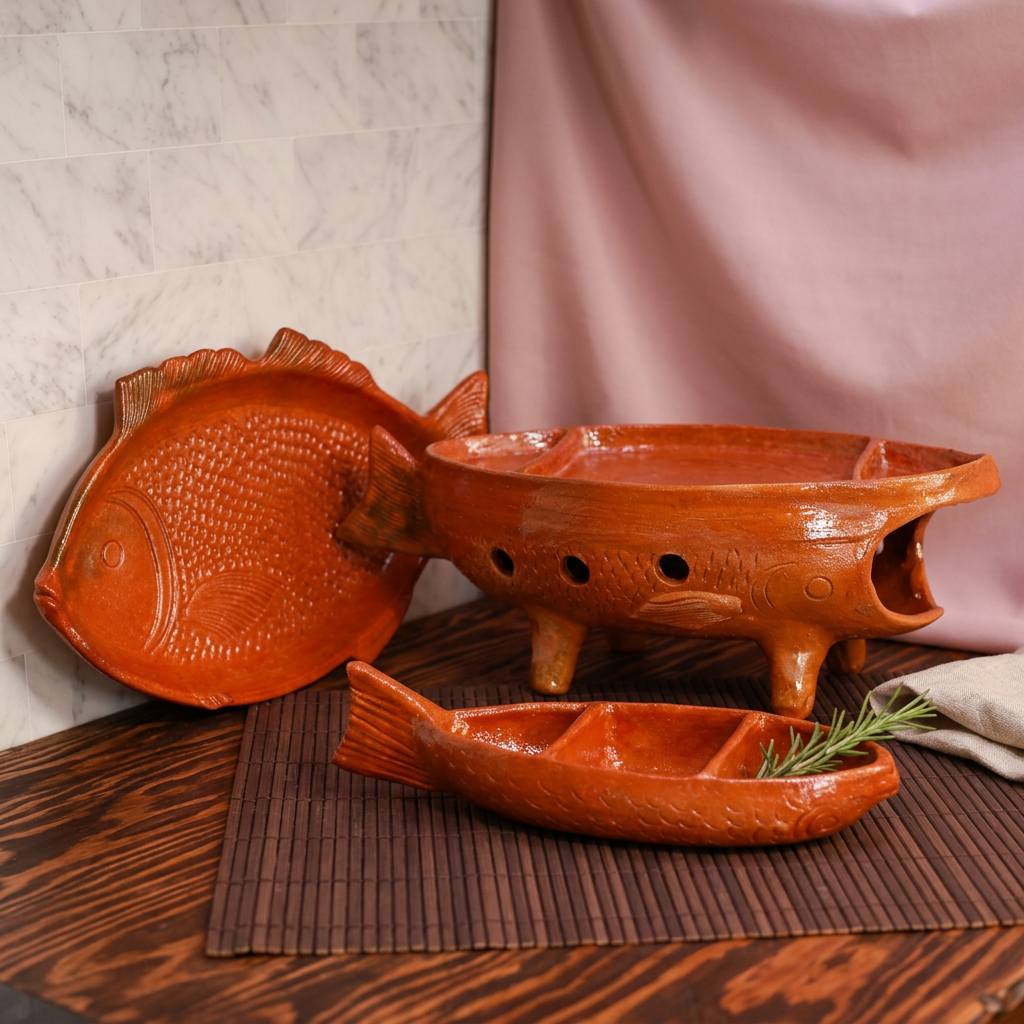 3 Piece set Vintage Mexican Terracotta Fish Shaped Warming Platter Made in Mazatlán Sinaloa