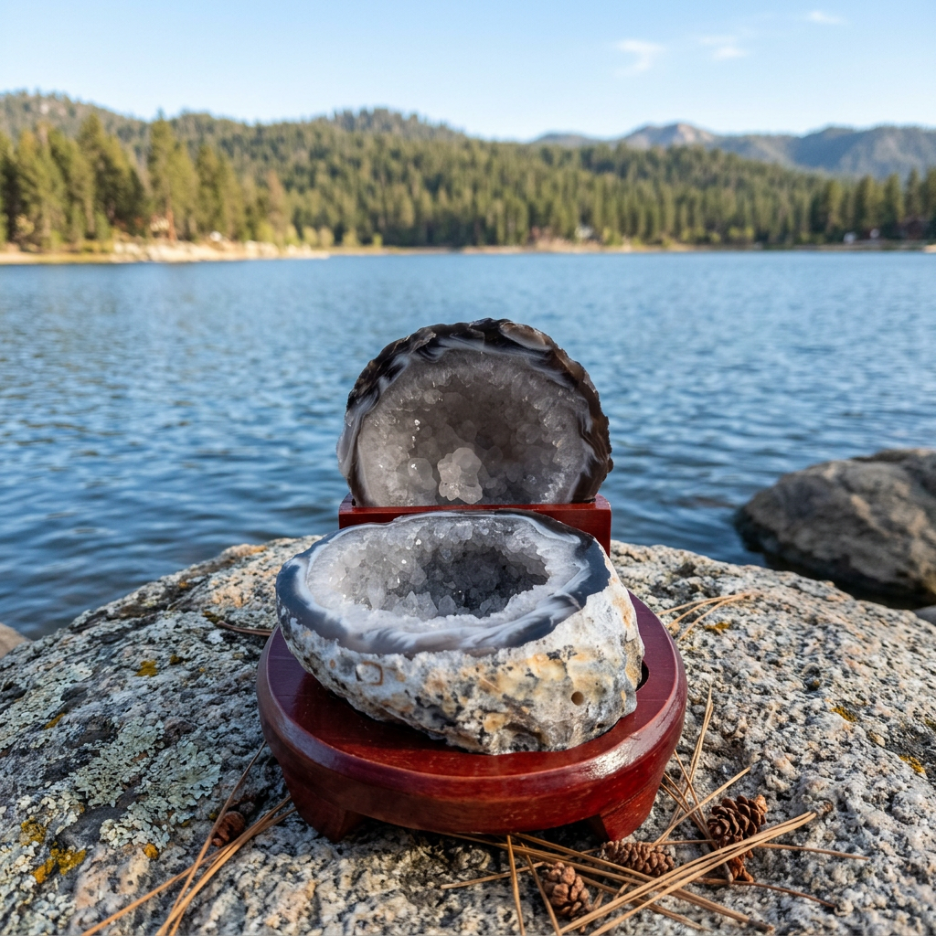 Split Agate Geode With Quartz Crystals On Wood Display Stand