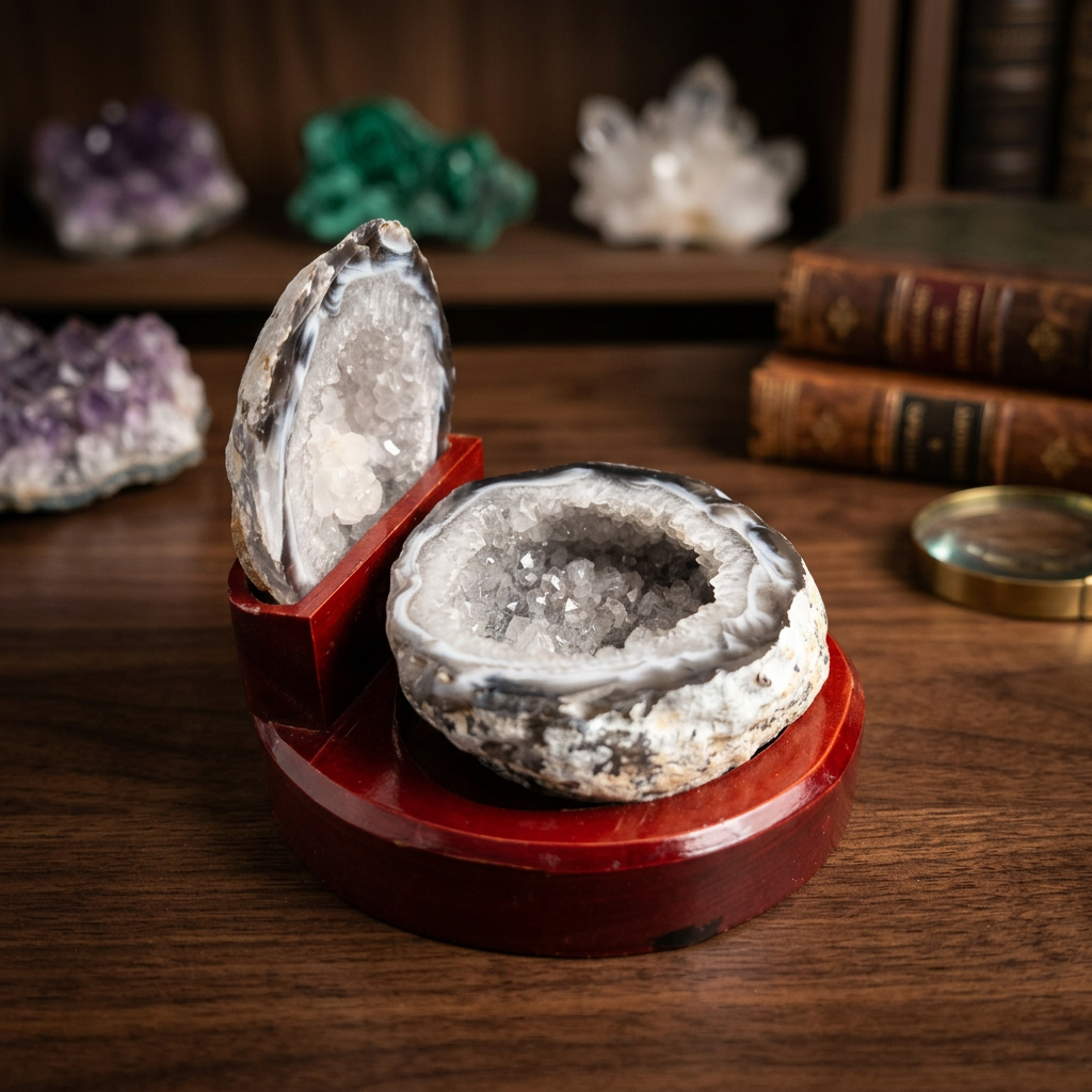 Split Agate Geode With Quartz Crystals On Wood Display Stand