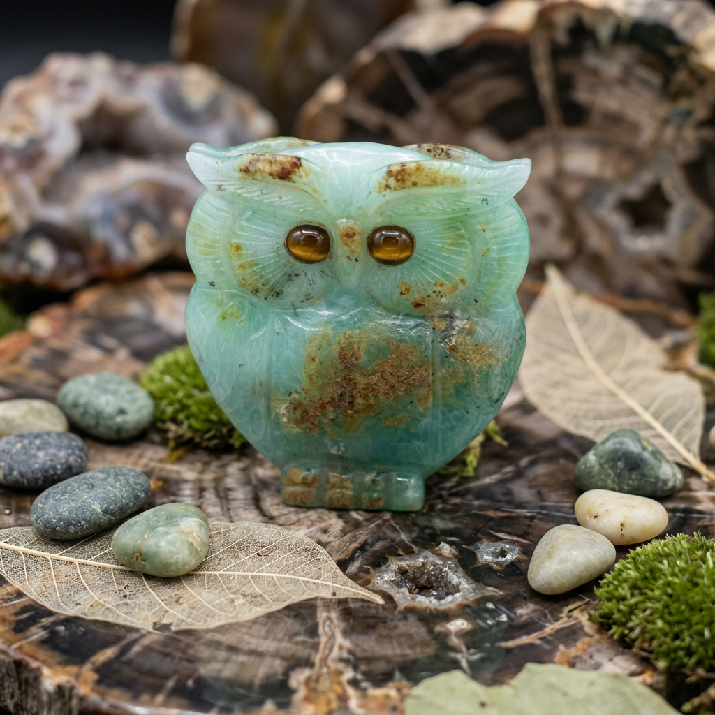 Green Chalcedony Carved Owl With Tigers Eye For Eyes
