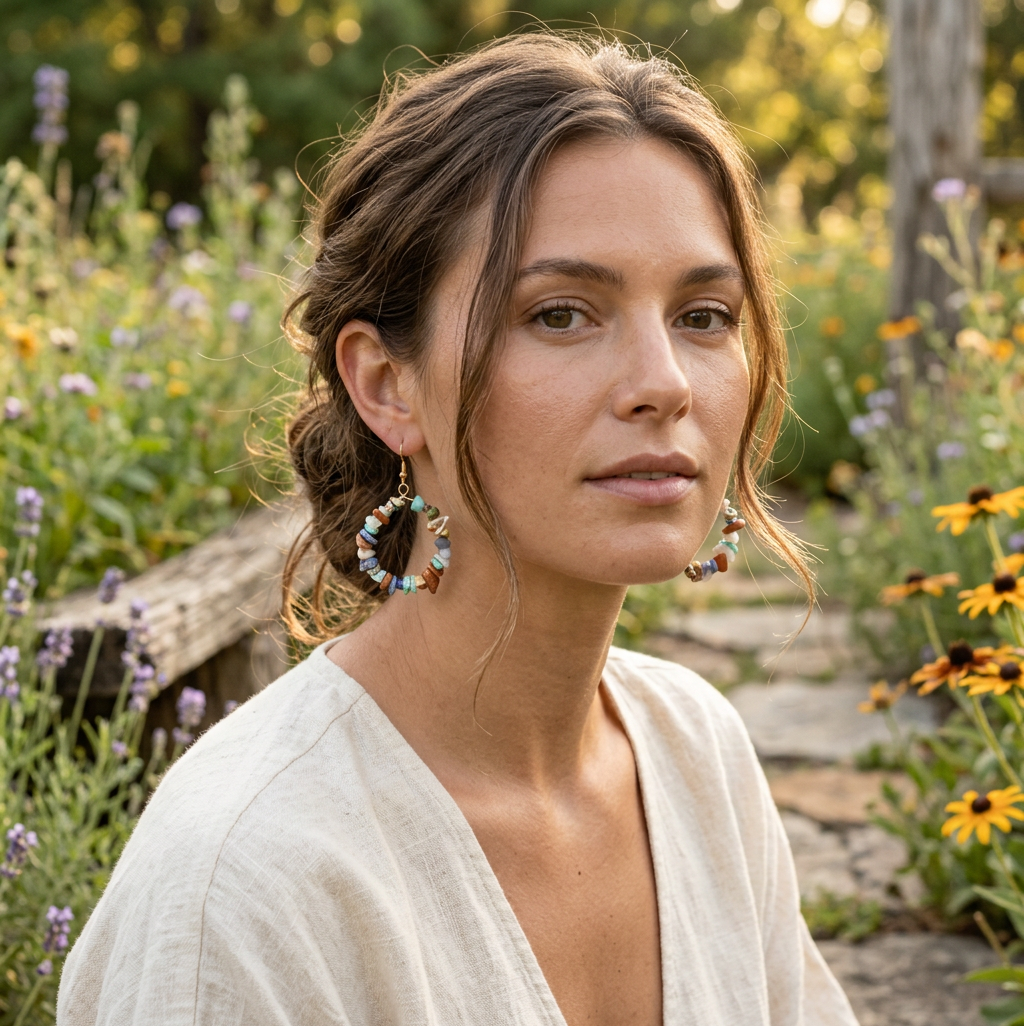 Boho Multicolor Gemstone Chip Hoop Earrings