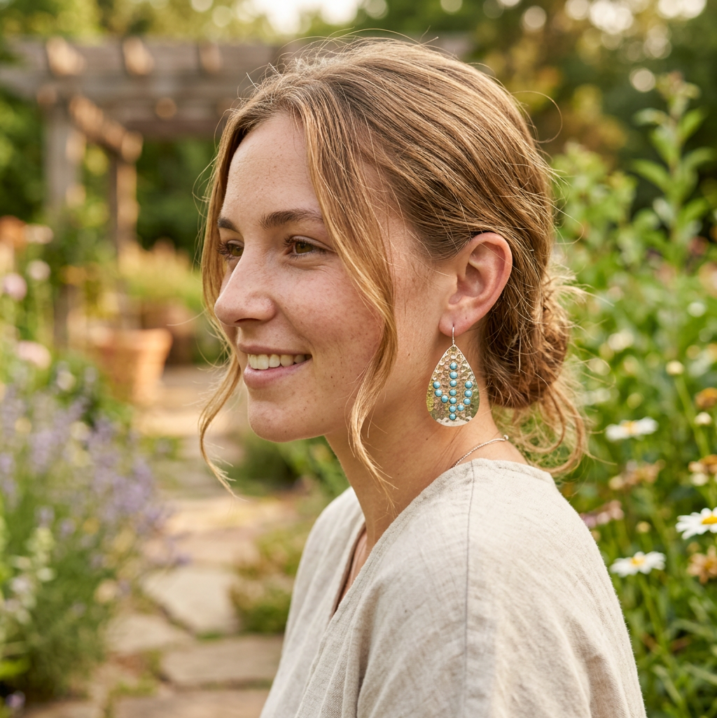 Hammered Teardrop With Turquoise-colored Cactus Earrings