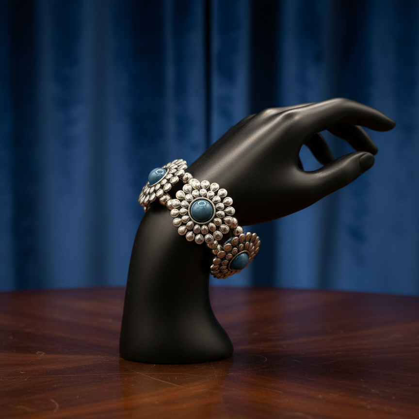 Stunning Western Style Blue Stone Silver Plated Strech Bracelet