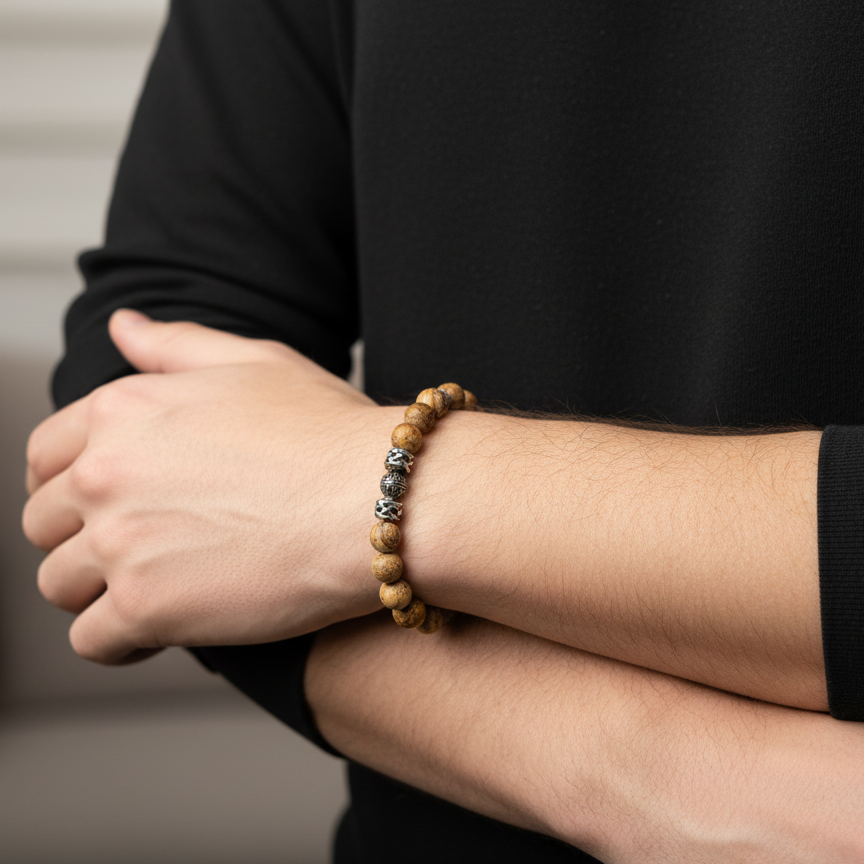 Genuine Jasper With Stainless Steel Beaded Bracelet