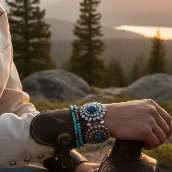 Stunning Western Style Blue Stone Silver Plated Strech Bracelet