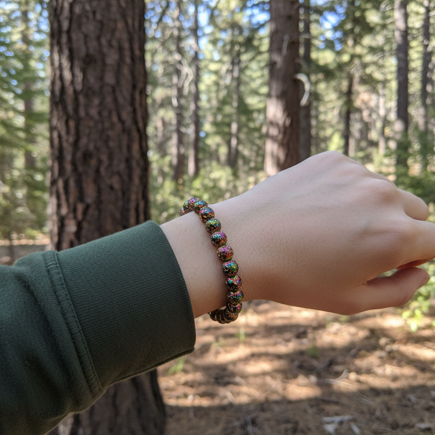 Rainbow-Coated Lava Rock Beaded Stretch Bracelet