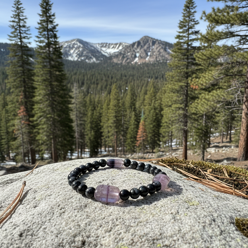 Snowflake Obsidian Stretch Bracelet With Fluorite Beads