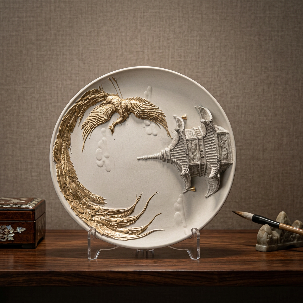 White Display Plate With Gold Accents Of a Phoenix