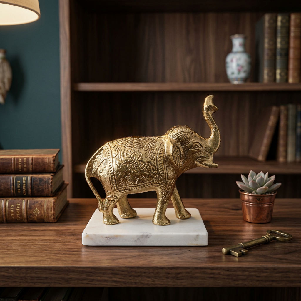 Golden Elephant On White Marble Base
