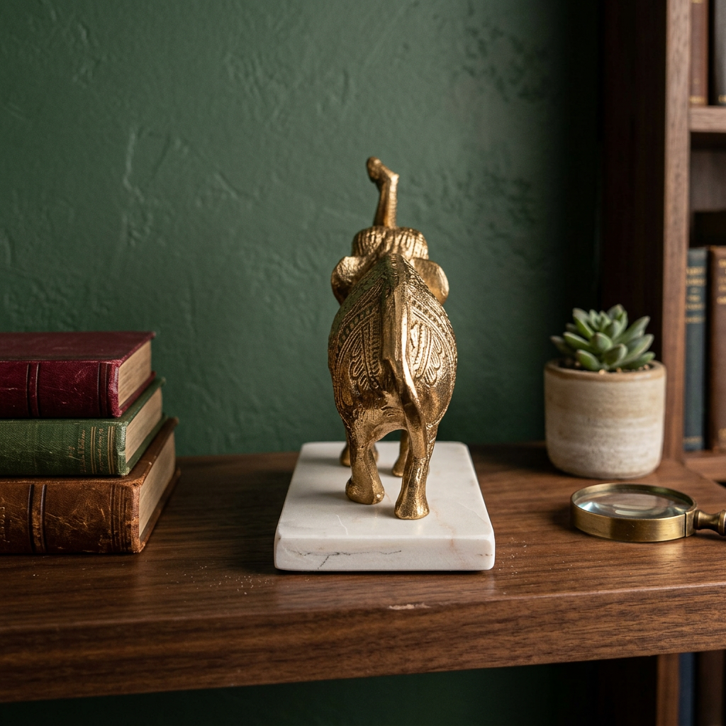 Golden Elephant On White Marble Base