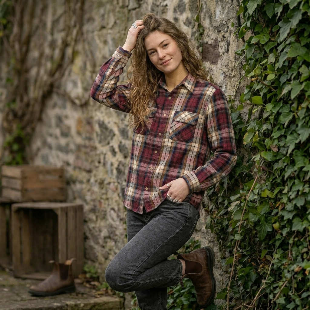 Burgundy, Blue, Brown & White Button-Up Flannel – Long Sleeve, Size Large