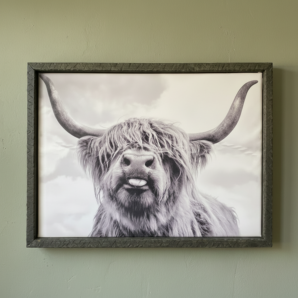 Black and White Highland Cow Wall Art Print
