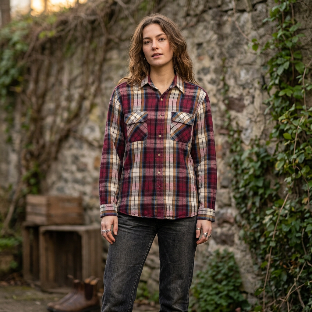 Burgundy, Blue, Brown & White Button-Up Flannel – Long Sleeve, Size Large