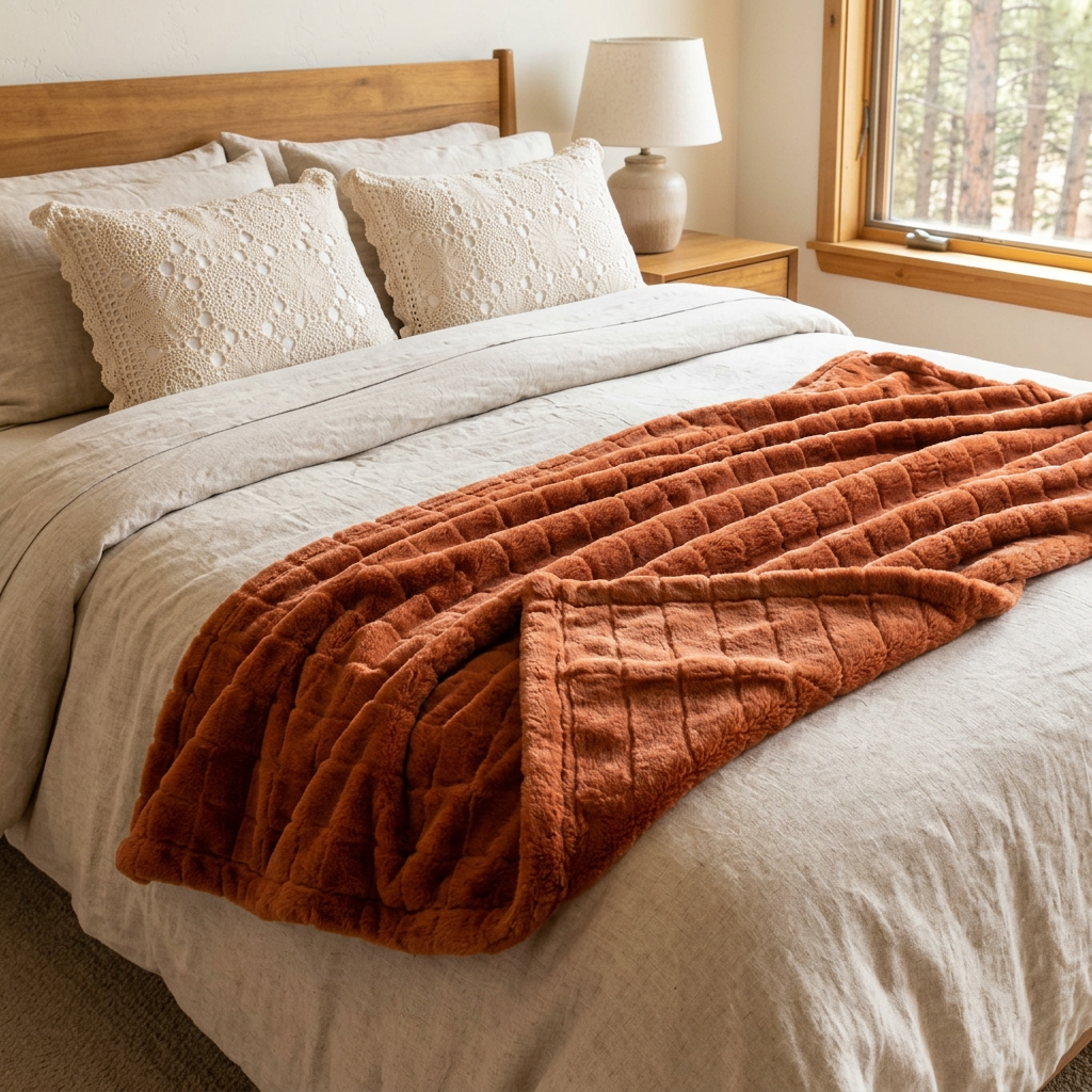 DKNY Wide Stripe Faux Fur Throw Soft Brown Blanket 