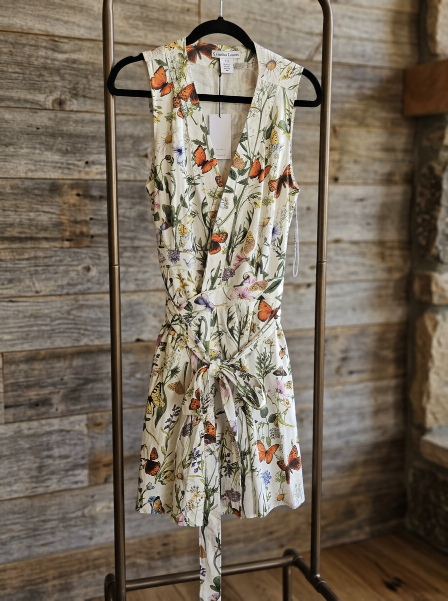 Christian Lacroix Women's Medium Sleeveless Butterfly Floral Wrap Dress Tie Waist 