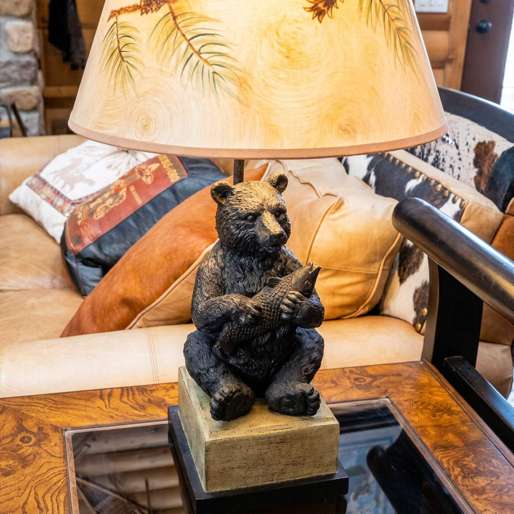 Decorative Black Bear Lamp with Fish and Nature Inspired Lampshade