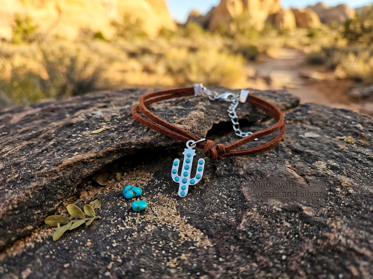 Western Brown Suede Cactus Charm Bracelet with Turquoise Accents