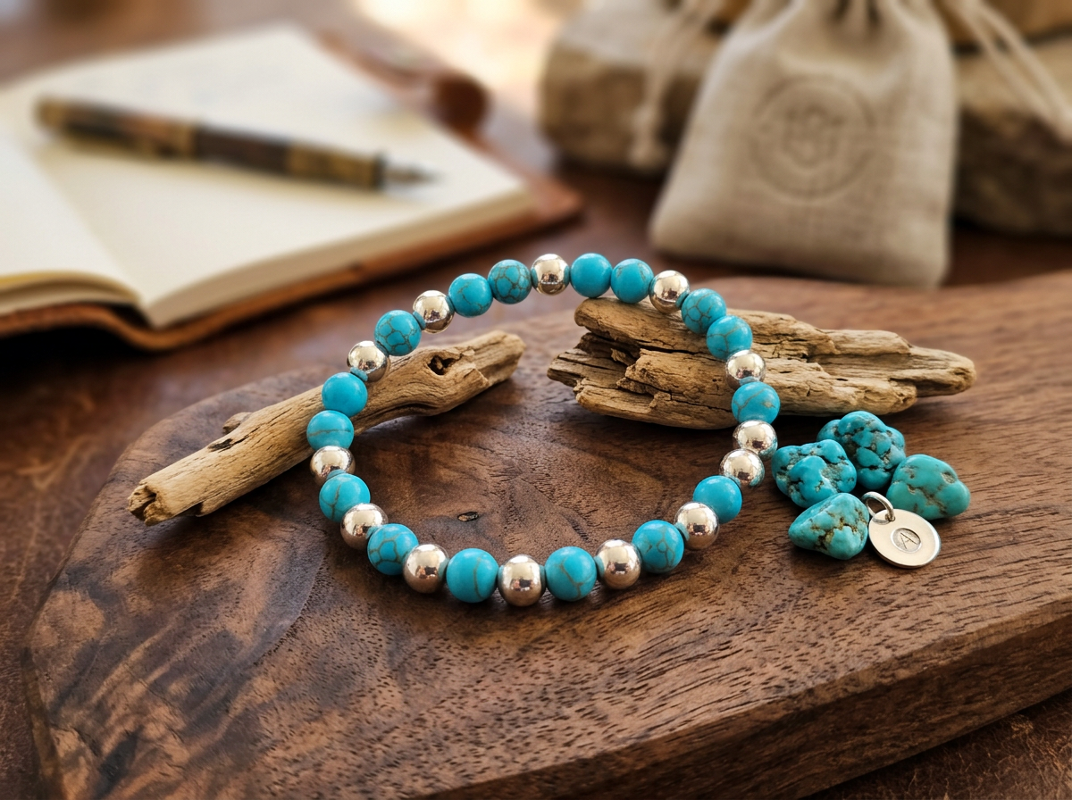 Turquoise & Silver-Tone Beaded Stretch Bracelet