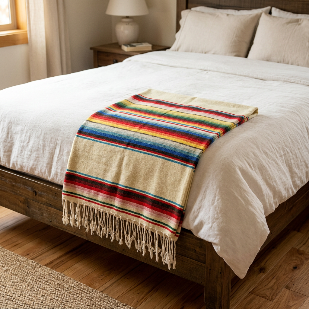 Vintage Saltillo Sarape Wool Blanket Tan Multi-Colored