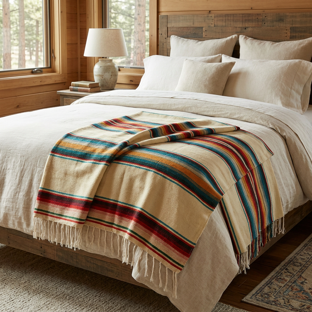 Vintage Saltillo Sarape Wool Blanket Tan Multi-Colored