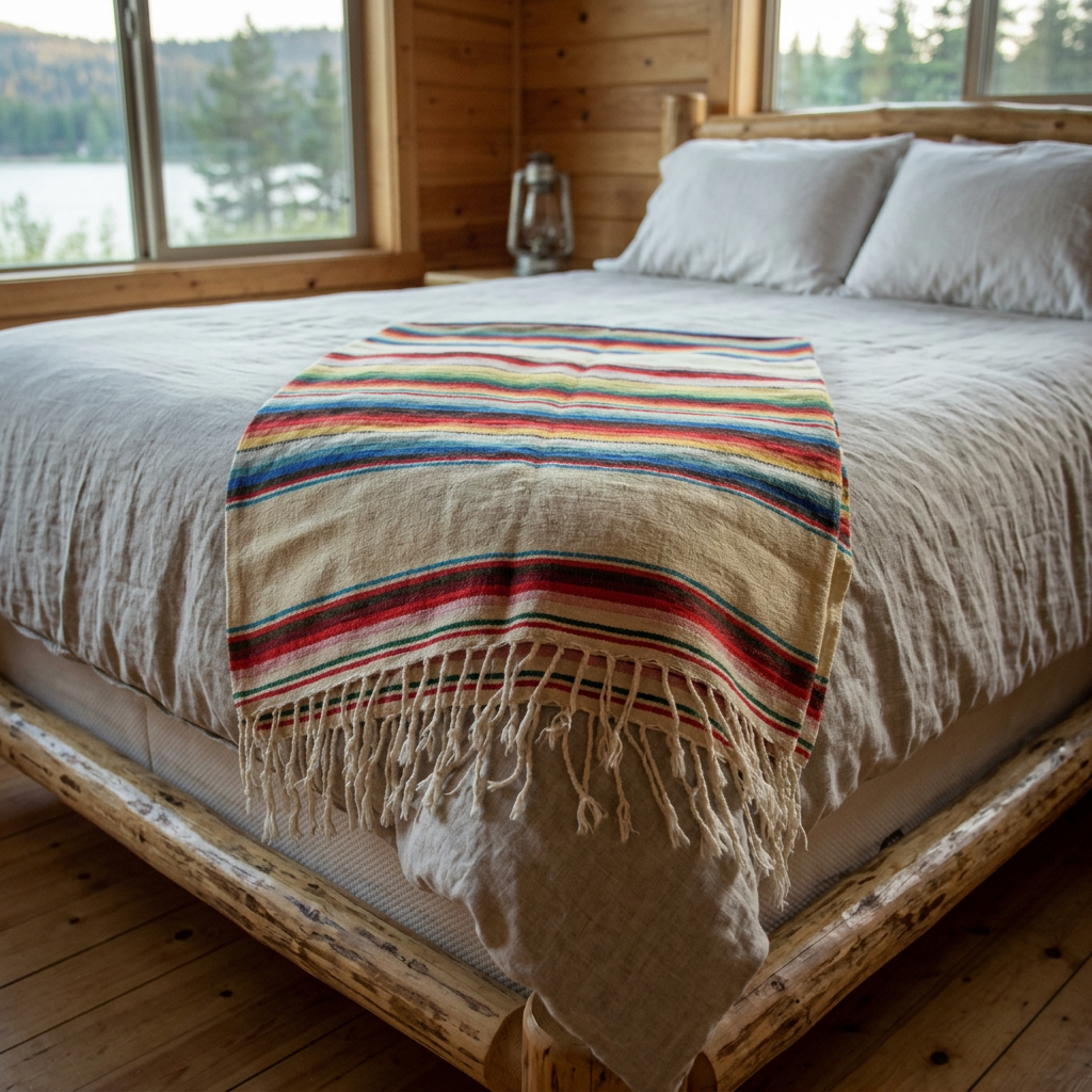 Vintage Saltillo Sarape Wool Blanket Tan Multi-Colored