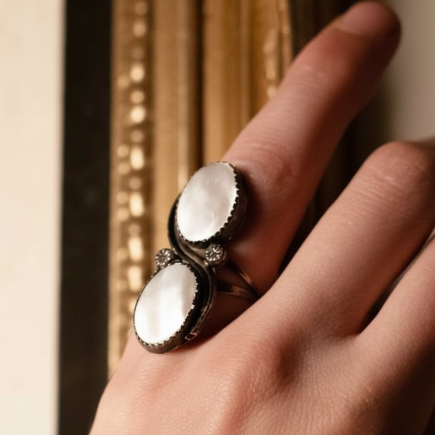 Vintage Sterling Silver Ring with Two Mother of Pearl Stones- Size 4