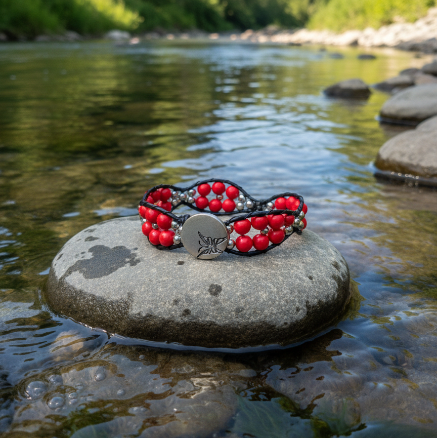 Red Beaded Bracelet With Metal Butterfly Charm