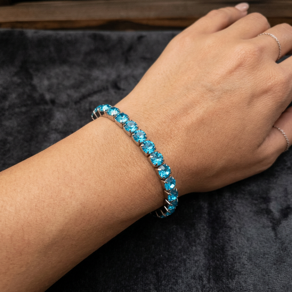 Silver Plated Aqua Blue Rhinestone Strech Bracelet