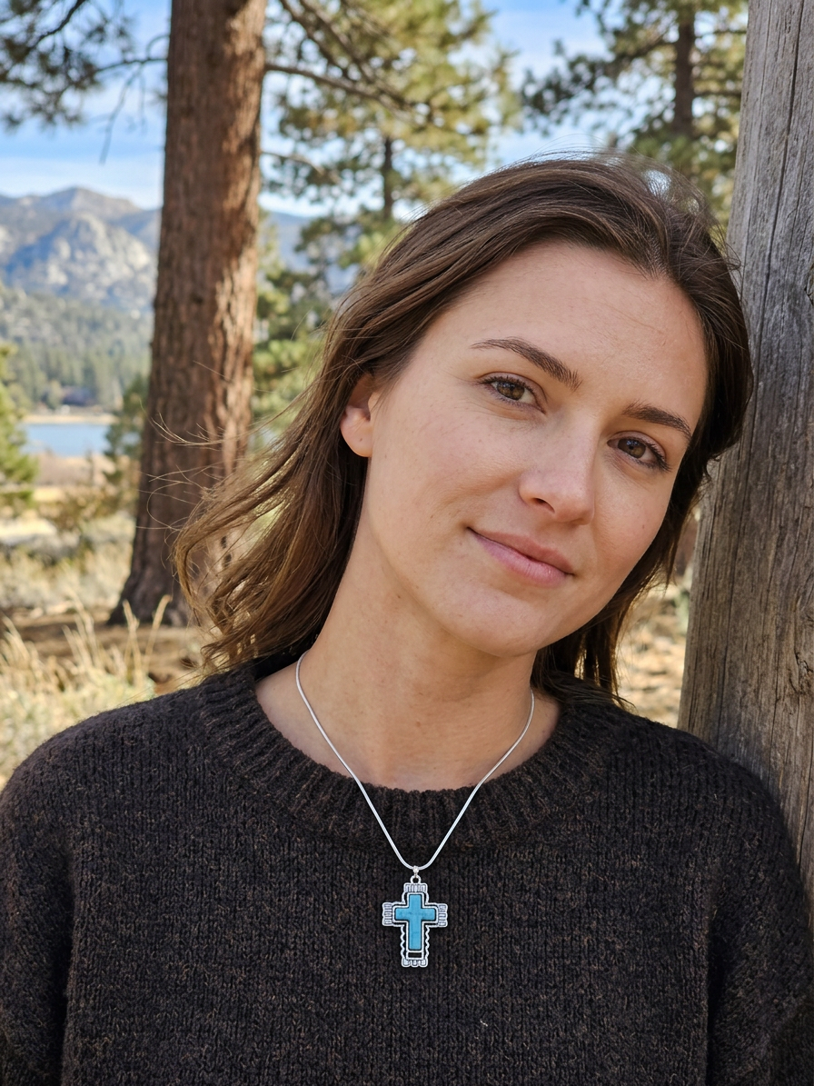Turquoise Cross Necklace with Geometric Silver-Tone Frame